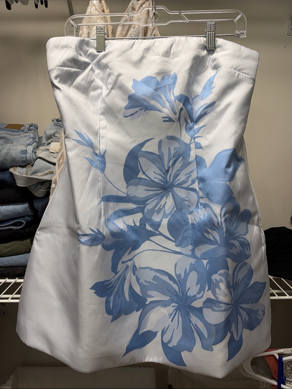 Emme Mini Dress - Strapless Jacquard Placement Floral A Line Dress in Baby Blue